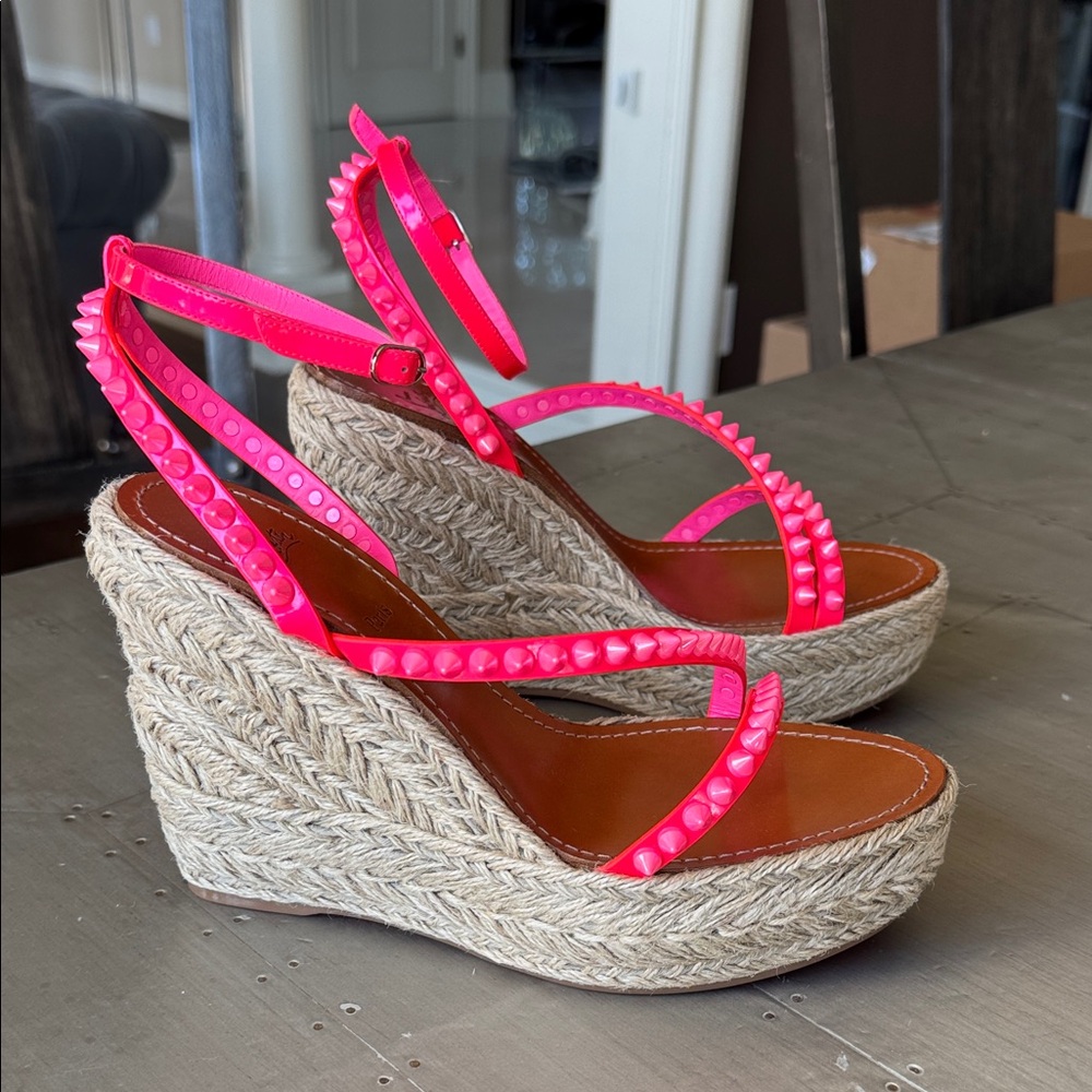 Christian Louboutin mafaldina pink neon spike sandal espadrille wedge sz 41